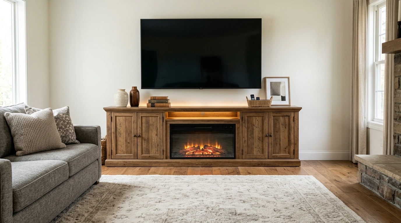 Farmhouse TV Stand: 42" Fireplace + LEDs for 80" TVs