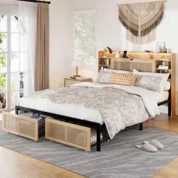 Faux Rattan Queen Bed Frame: Storage, LEDs, Charging